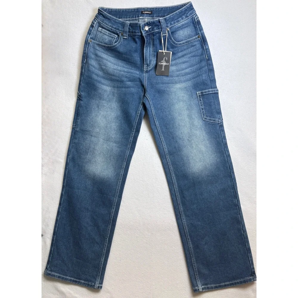 Flamingals Womens High Waisted Wide Leg Carpenter Jeans Medium Wash Blue Size L